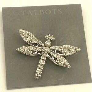 Talbots Silver Tone Dragonfly Brooch Pin‎ Rhinestone Pearl Embellished